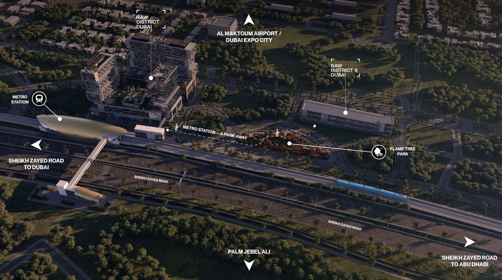 RAW District location on Sheikh Zayed Road near the metro and Flame Tree Park