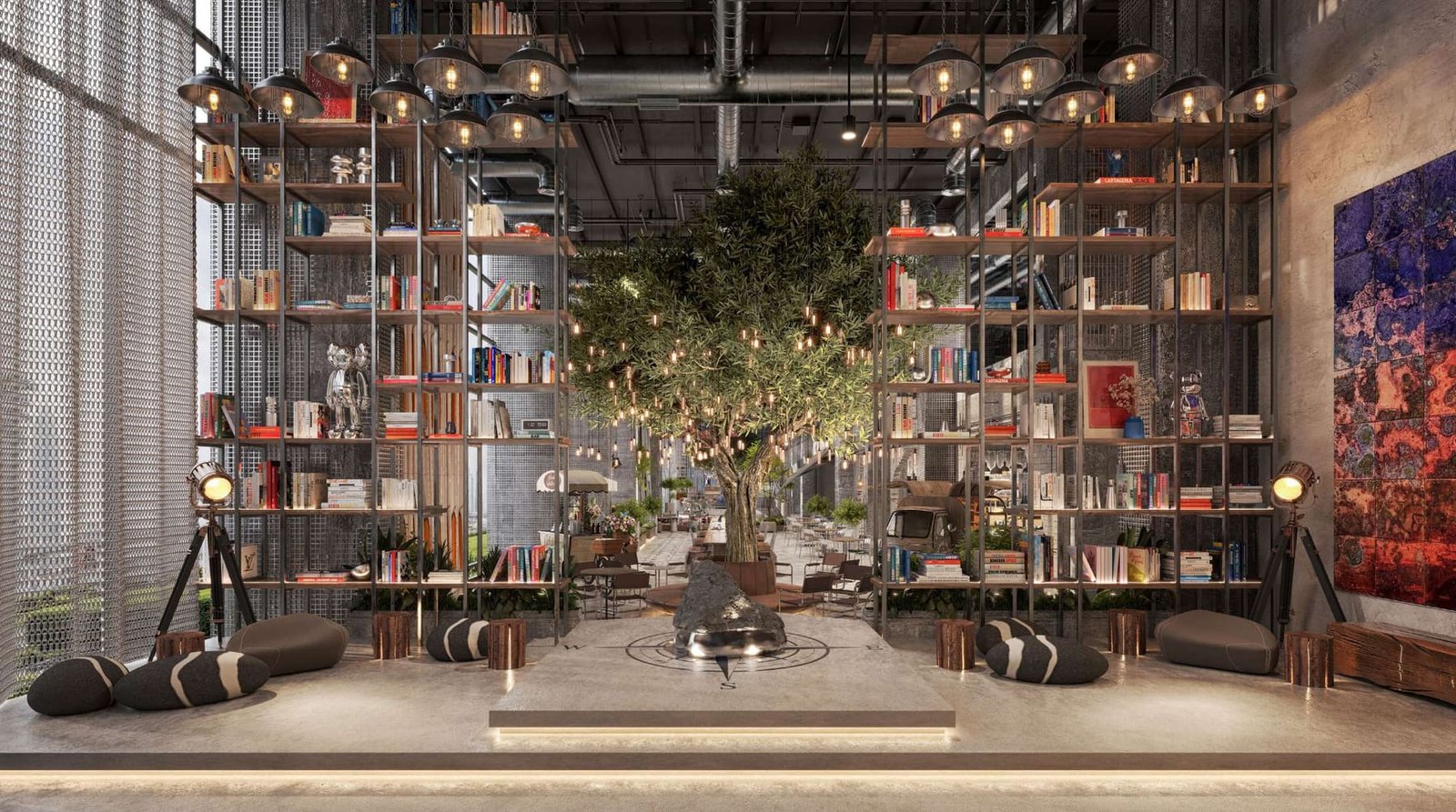 Curated lobby and library lounge